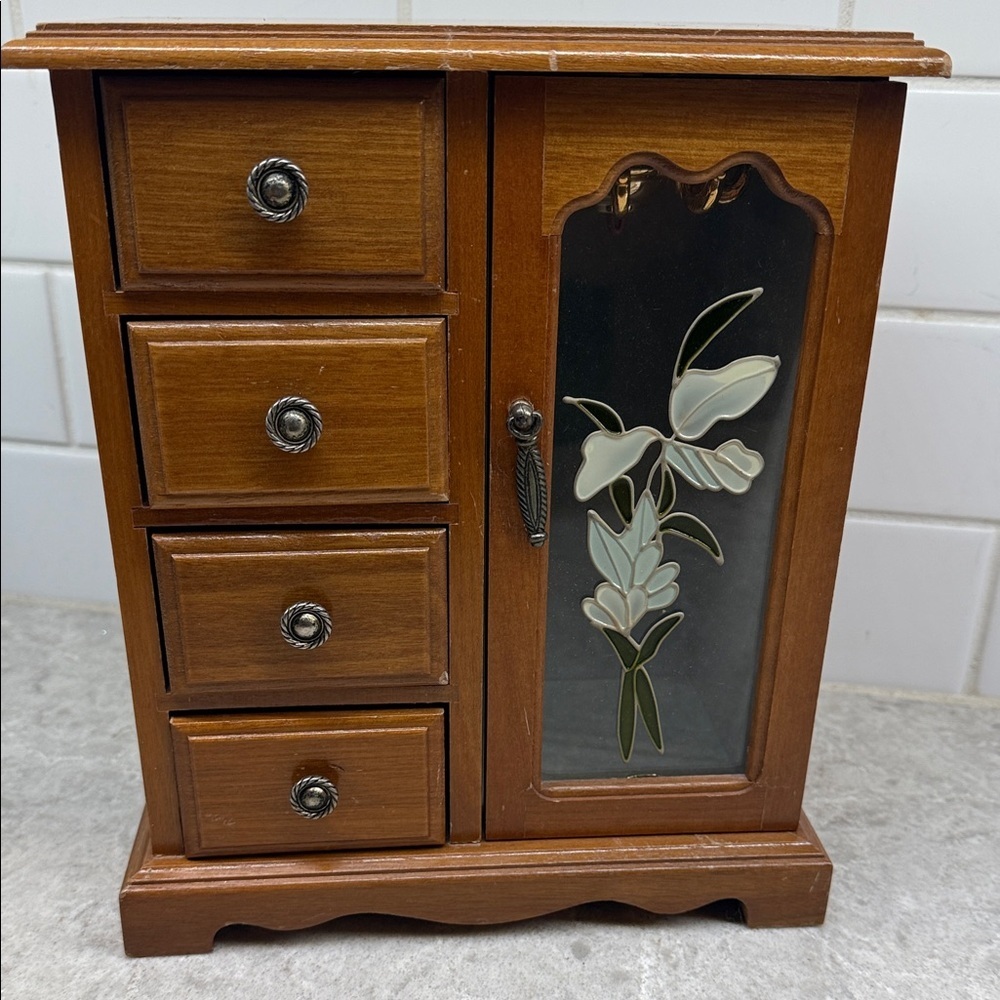Vintage Wooden Jewelry Box 4 drawer, carousel , glass door Floral Design